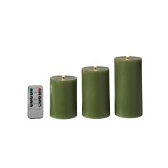 Da'core Kunstig stearinlys bloklys Oliven grøn 3-pak m/fjernbetjening