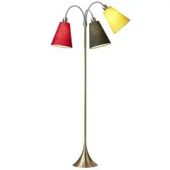 Trafik Gulvlampe antik messing – m/rød, skovgrøn og gul skærme