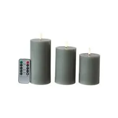 Da'Core LED bloklys 3D flamme 3-pak Ø7,5x10+12,5+15 cm grå/grøn med fjernbetjening